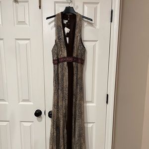 Kay Unger Beige and Brown Snake-Print Sleeveless Gown with Plum Waist